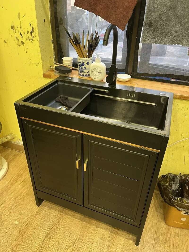 Pia de cozinha grande de aço inoxidável, armário integrado, pia de lavagem de