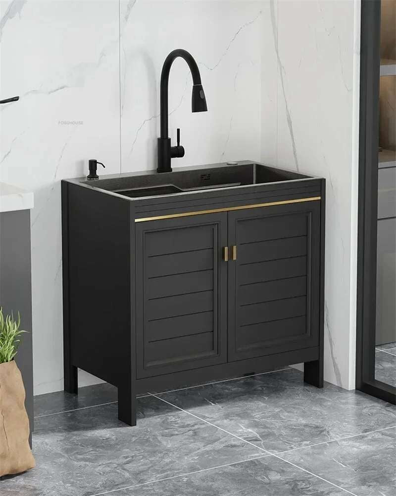 Pia de cozinha grande de aço inoxidável, armário integrado, pia de lavagem de