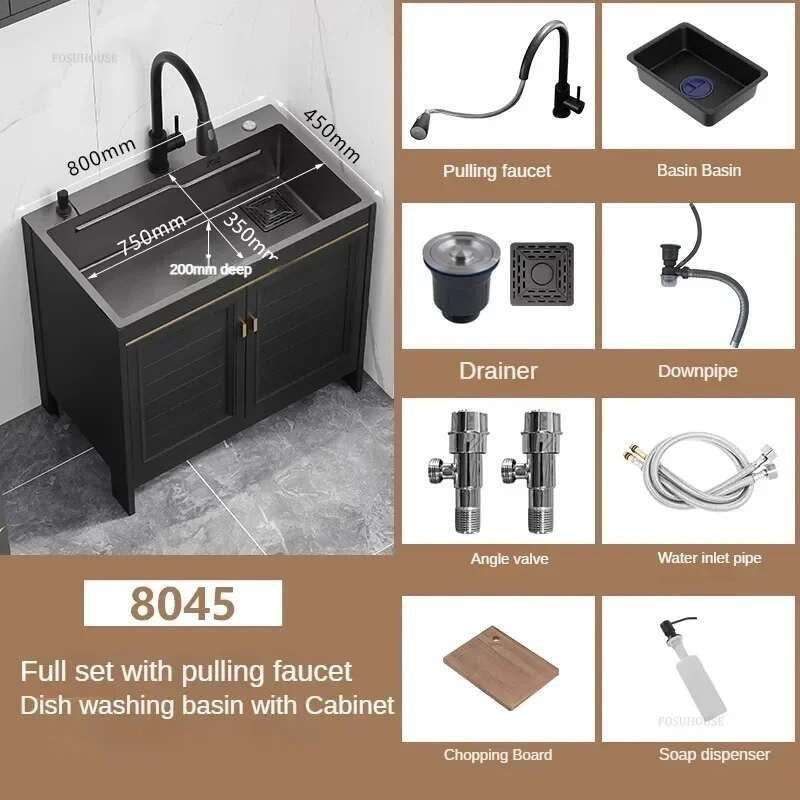 Pia de cozinha grande de aço inoxidável, armário integrado, pia de lavagem de