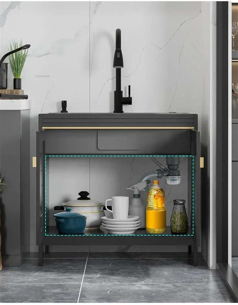 Pia de cozinha grande de aço inoxidável, armário integrado, pia de lavagem de