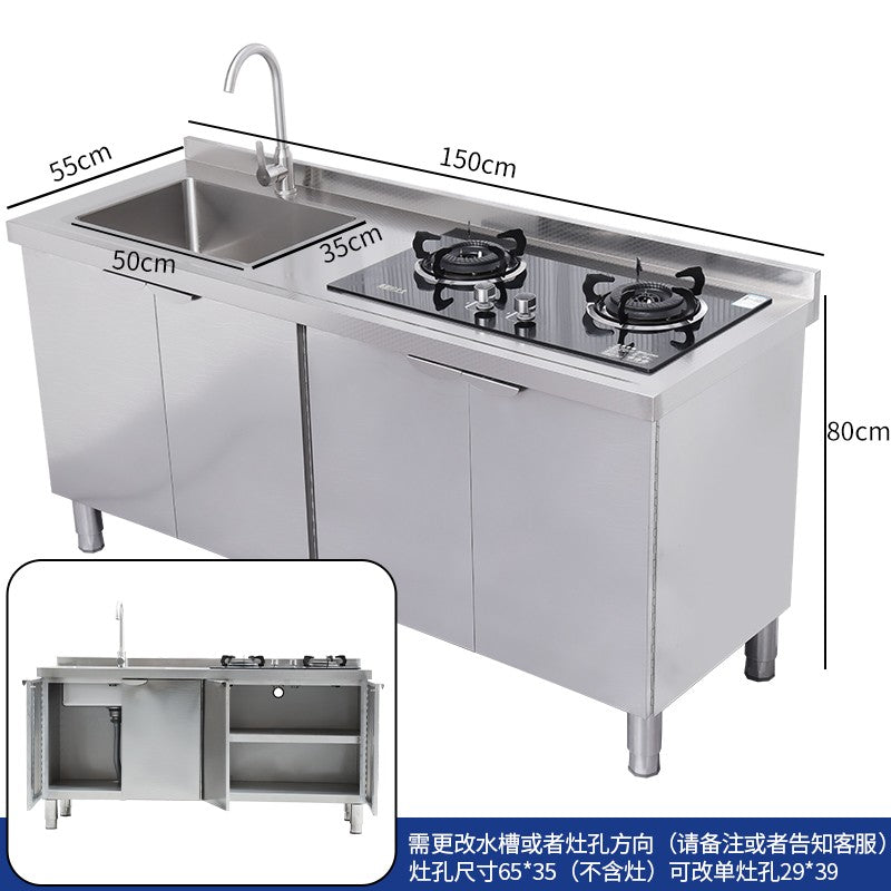 Armário de pia de aço inoxidável integrado de cozinha, armário, fogão, mesa