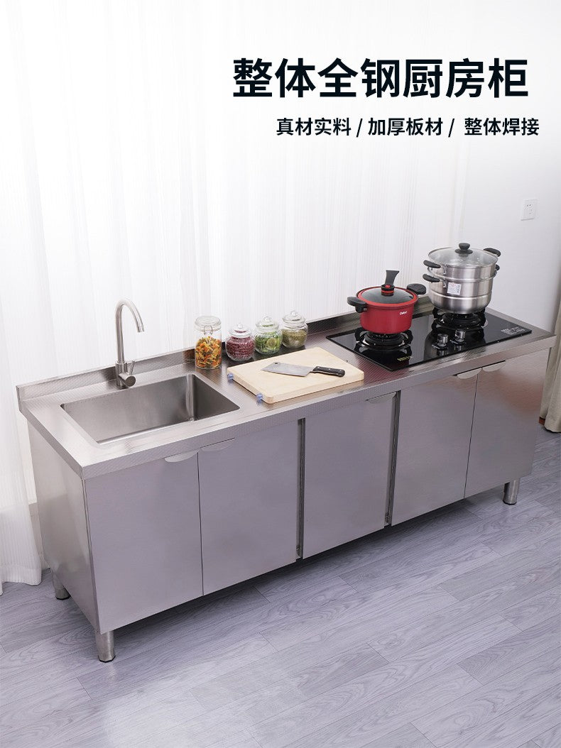Armário de pia de aço inoxidável integrado de cozinha, armário, fogão, mesa