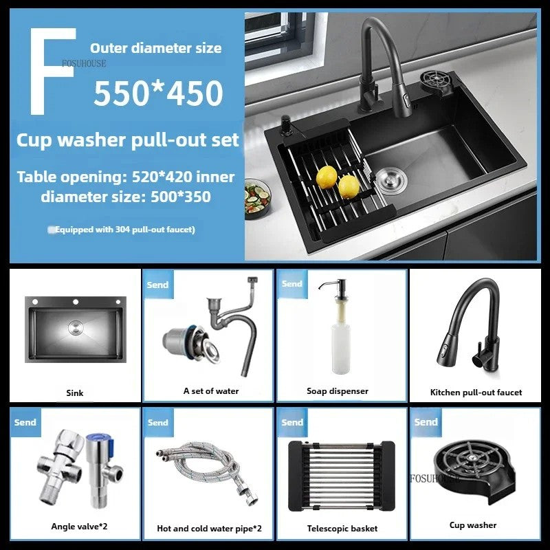 Pia de cozinha de aço inoxidável 304 espessada, grande capacidade, tigela úni