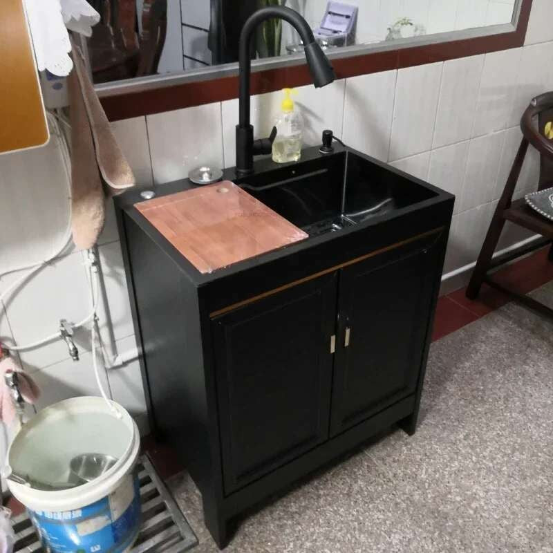 Pia de cozinha grande de aço inoxidável, armário integrado, pia de lavagem de