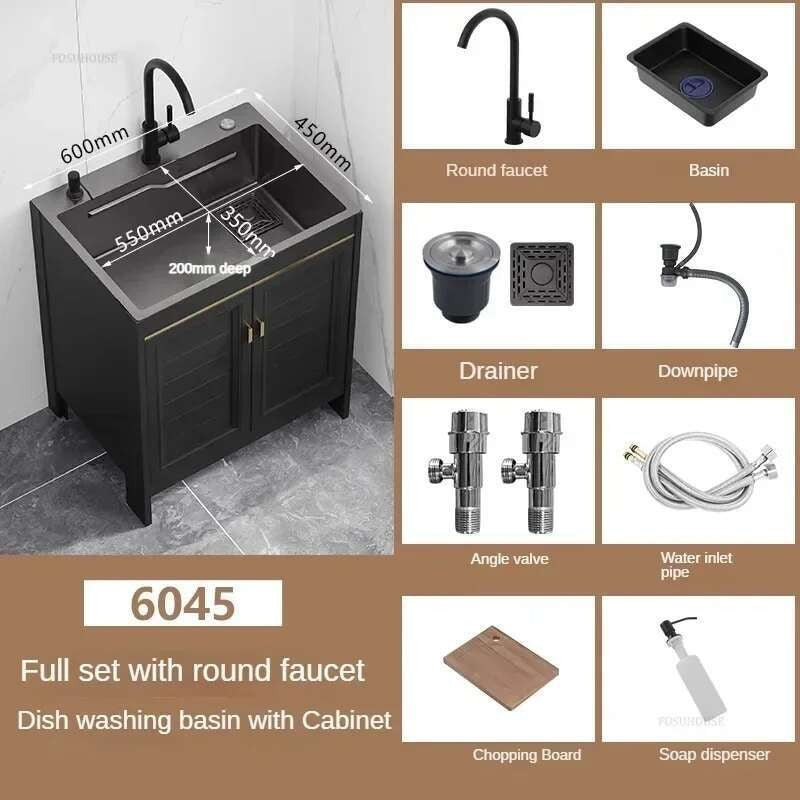 Pia de cozinha grande de aço inoxidável, armário integrado, pia de lavagem de