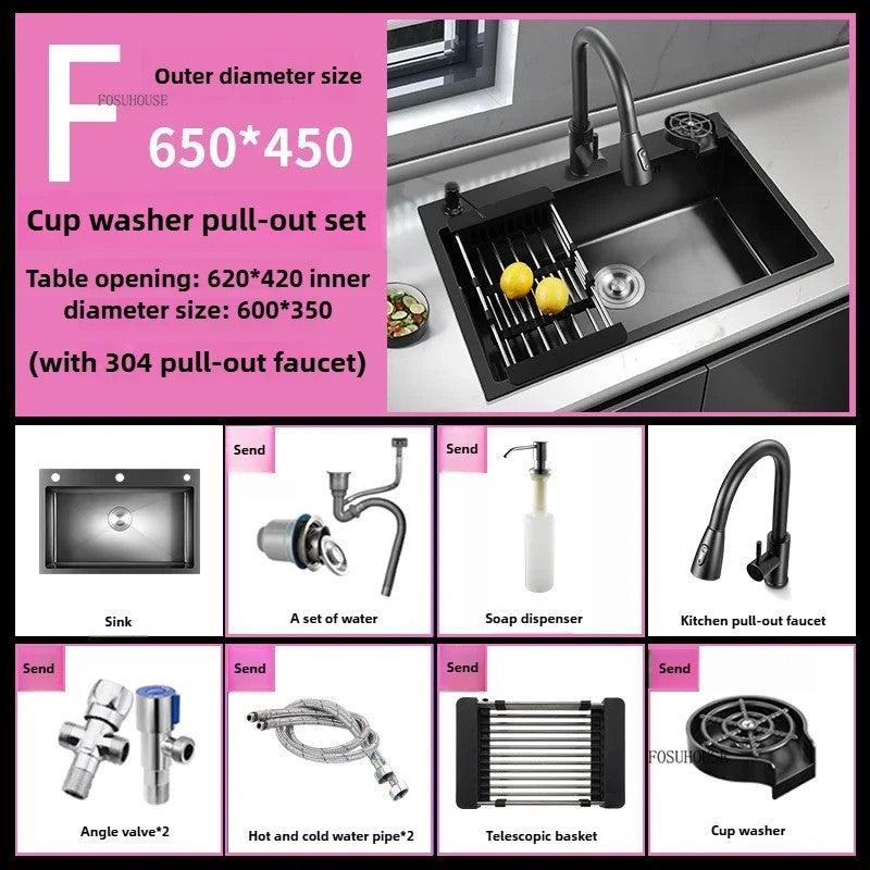 Pia de cozinha de aço inoxidável 304 espessada, grande capacidade, tigela úni