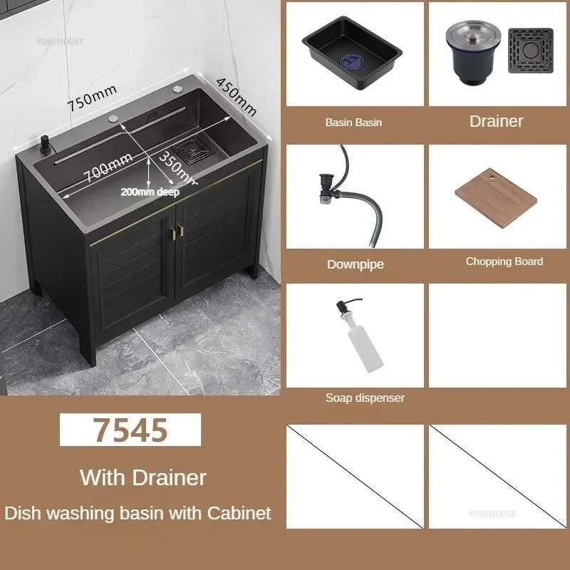 Pia de cozinha grande de aço inoxidável, armário integrado, pia de lavagem de