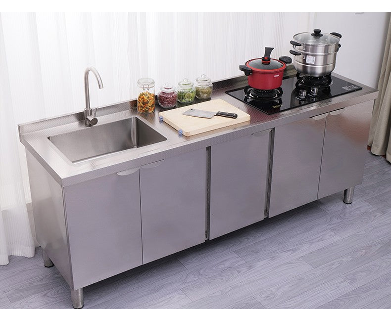 Armário de pia de aço inoxidável integrado de cozinha, armário, fogão, mesa