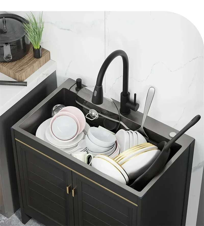 Pia de cozinha grande de aço inoxidável, armário integrado, pia de lavagem de