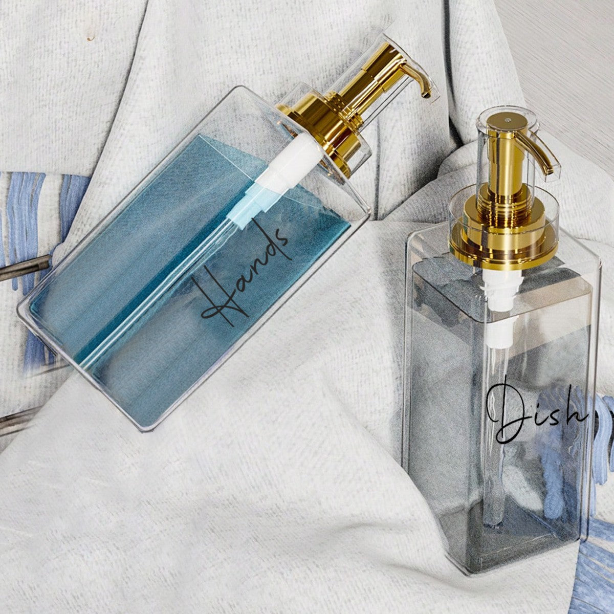 Conjunto de dispensador de sabão para mãos e pratos, formato quadrado, garrafa