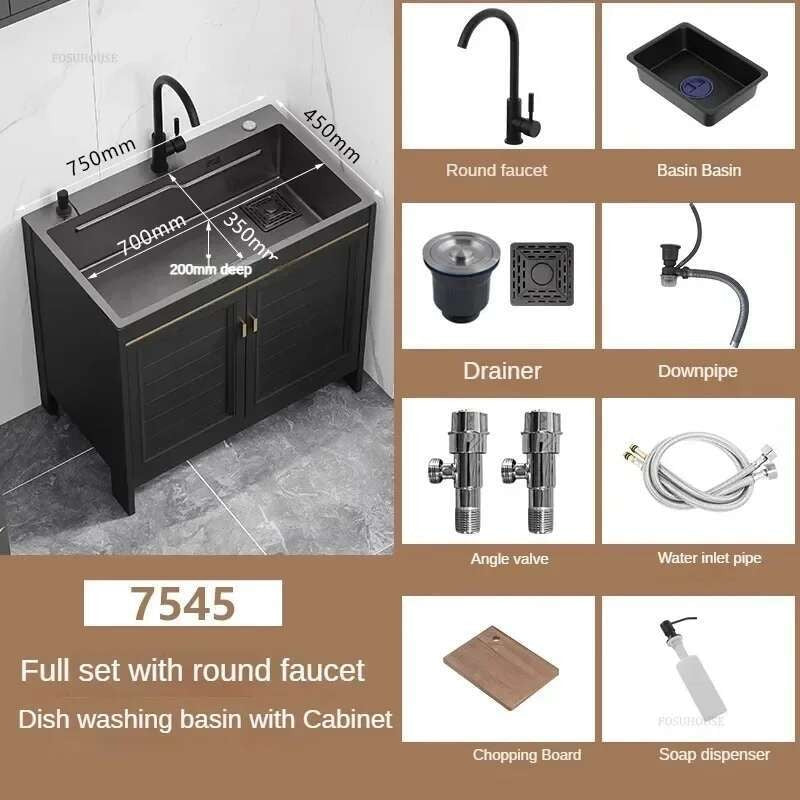 Pia de cozinha grande de aço inoxidável, armário integrado, pia de lavagem de