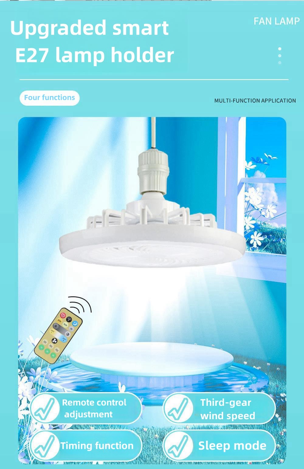 Ventilador de teto inteligente 3 em 1 com lâmpada de iluminação com controle