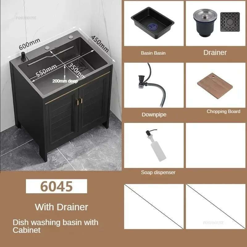 Pia de cozinha grande de aço inoxidável, armário integrado, pia de lavagem de