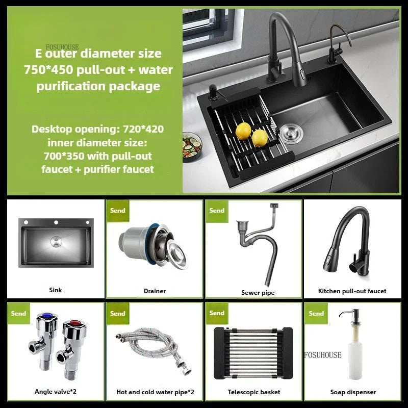 Pia de cozinha de aço inoxidável 304 espessada, grande capacidade, tigela úni