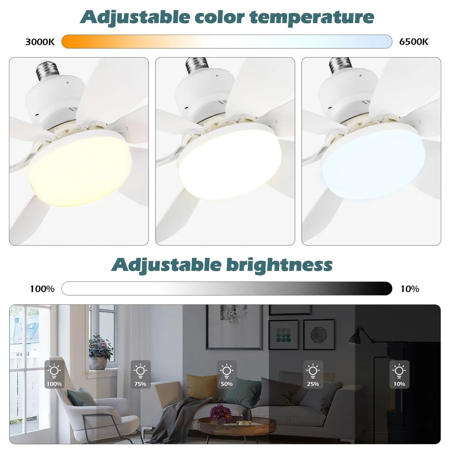 Ventilador de teto LED 40W E27 com controle remoto para escurecimento, adequado