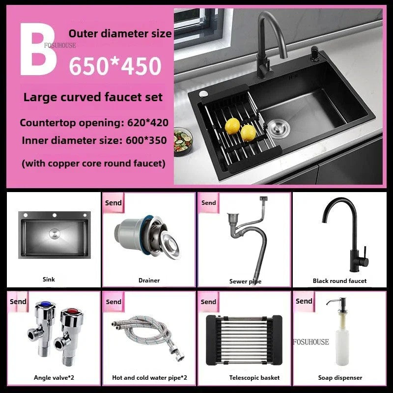 Pia de cozinha de aço inoxidável 304 espessada, grande capacidade, tigela úni