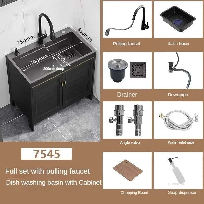 Pia de cozinha grande de aço inoxidável, armário integrado, pia de lavagem de