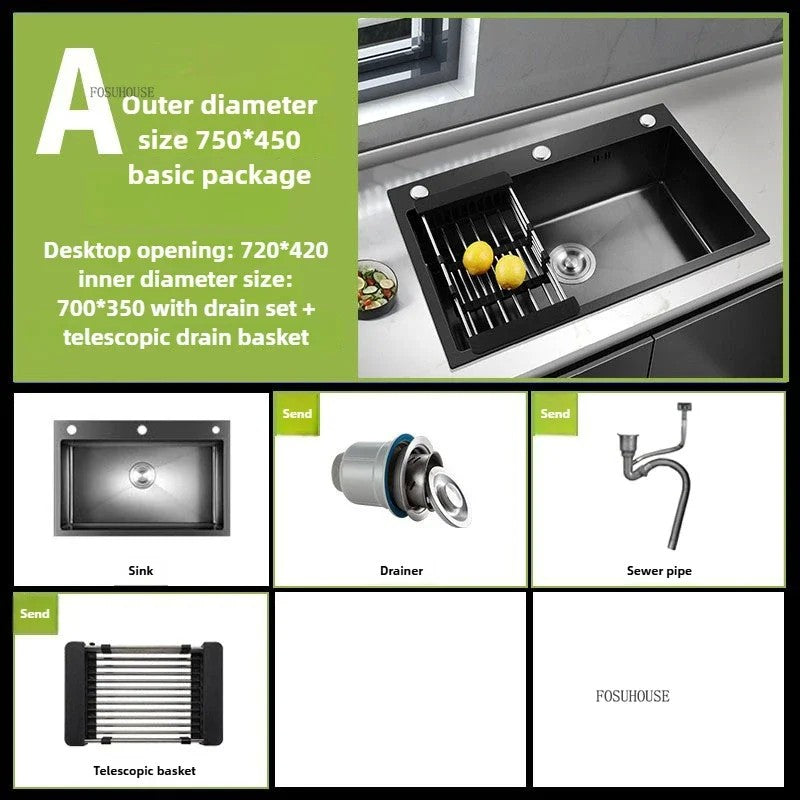 Pia de cozinha de aço inoxidável 304 espessada, grande capacidade, tigela úni