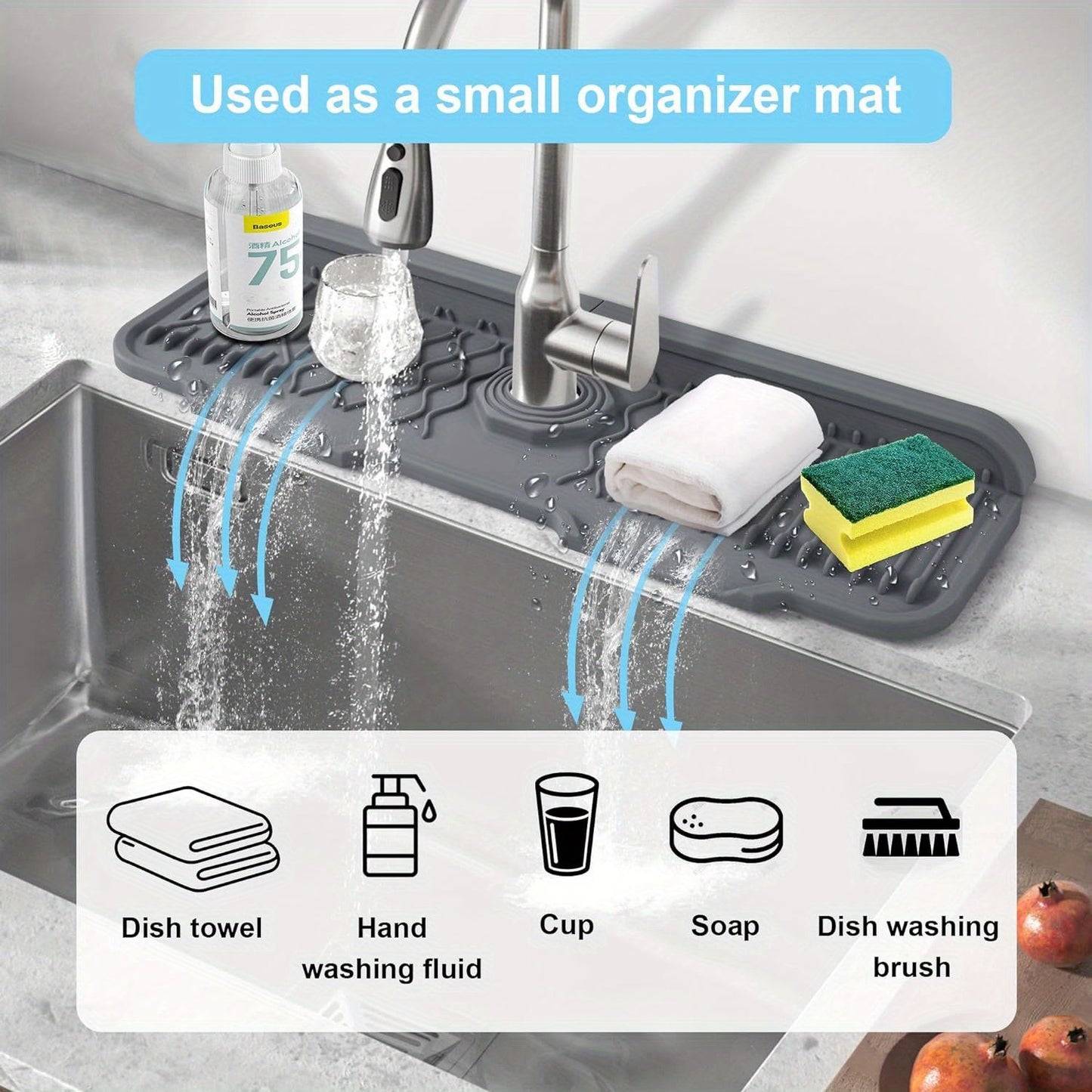 Tapete de respingo de silicone para torneira de cozinha, tapete de drenagem de p