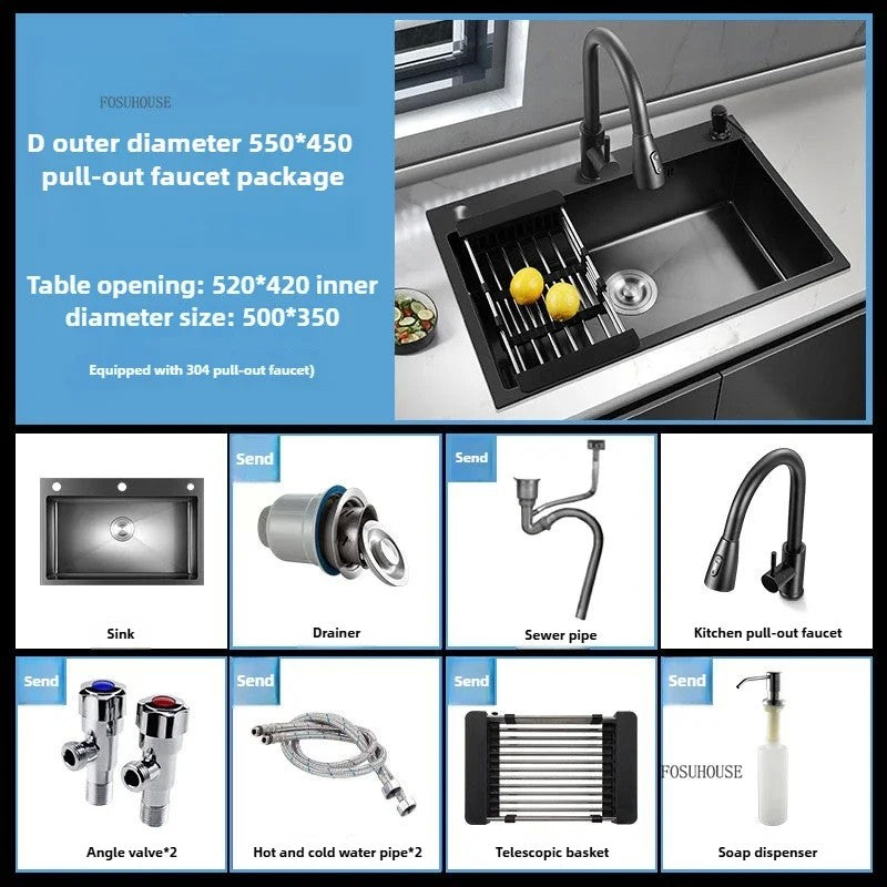 Pia de cozinha de aço inoxidável 304 espessada, grande capacidade, tigela úni