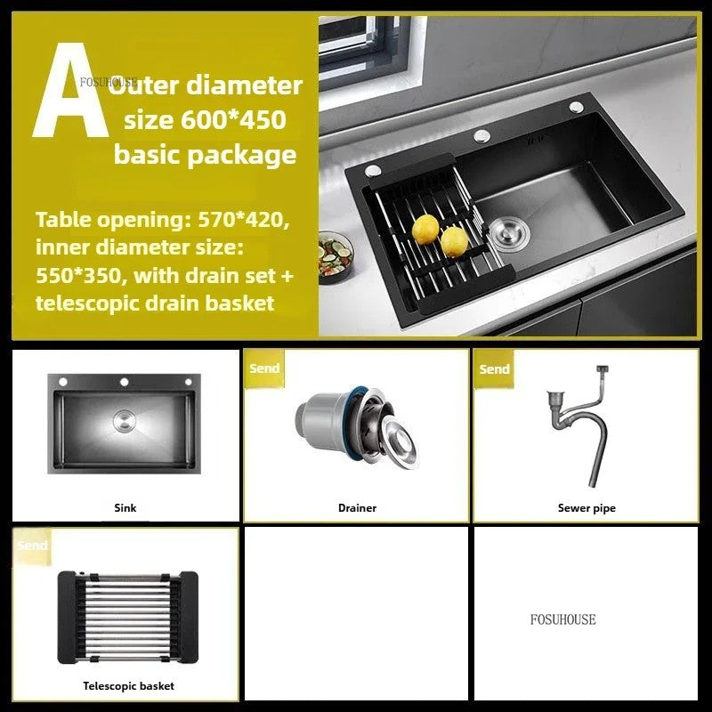 Pia de cozinha de aço inoxidável 304 espessada, grande capacidade, tigela úni