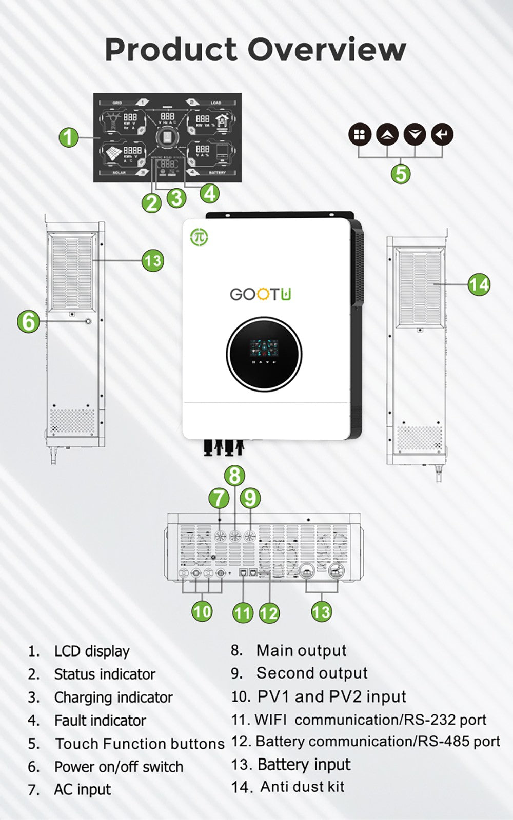 Gootu 6.2kw/10.2kw inversor solar híbrido saída dupla 24v/48v mppt 160a onda s