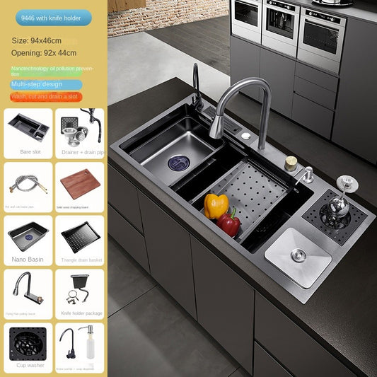 Pia Topmount de aço inoxidável com torneira, Slot único grande, Lata de lixo,