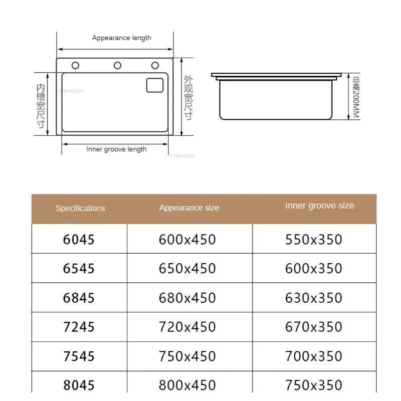 Pia de cozinha grande de aço inoxidável, armário integrado, pia de lavagem de