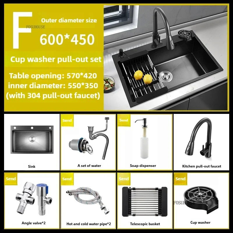 Pia de cozinha de aço inoxidável 304 espessada, grande capacidade, tigela úni