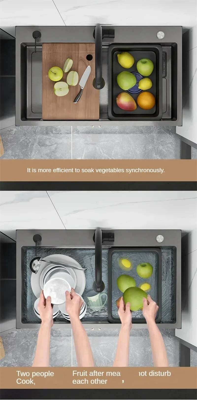 Pia de cozinha grande de aço inoxidável, armário integrado, pia de lavagem de