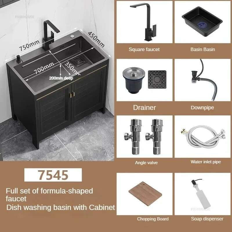 Pia de cozinha grande de aço inoxidável, armário integrado, pia de lavagem de