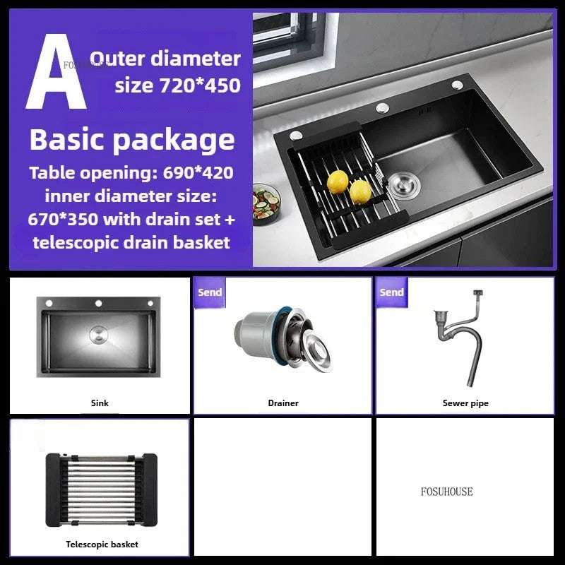 Pia de cozinha de aço inoxidável 304 espessada, grande capacidade, tigela úni