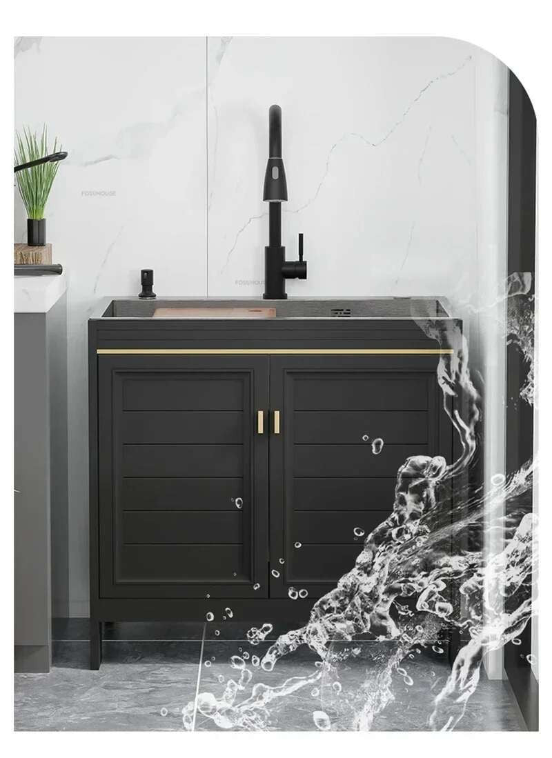 Pia de cozinha grande de aço inoxidável, armário integrado, pia de lavagem de