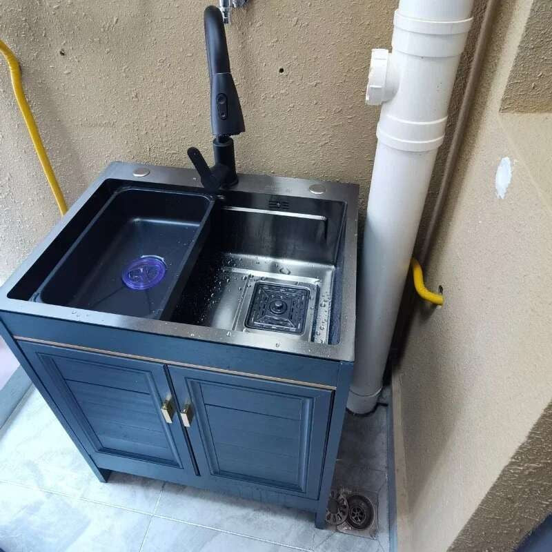 Pia de cozinha grande de aço inoxidável, armário integrado, pia de lavagem de