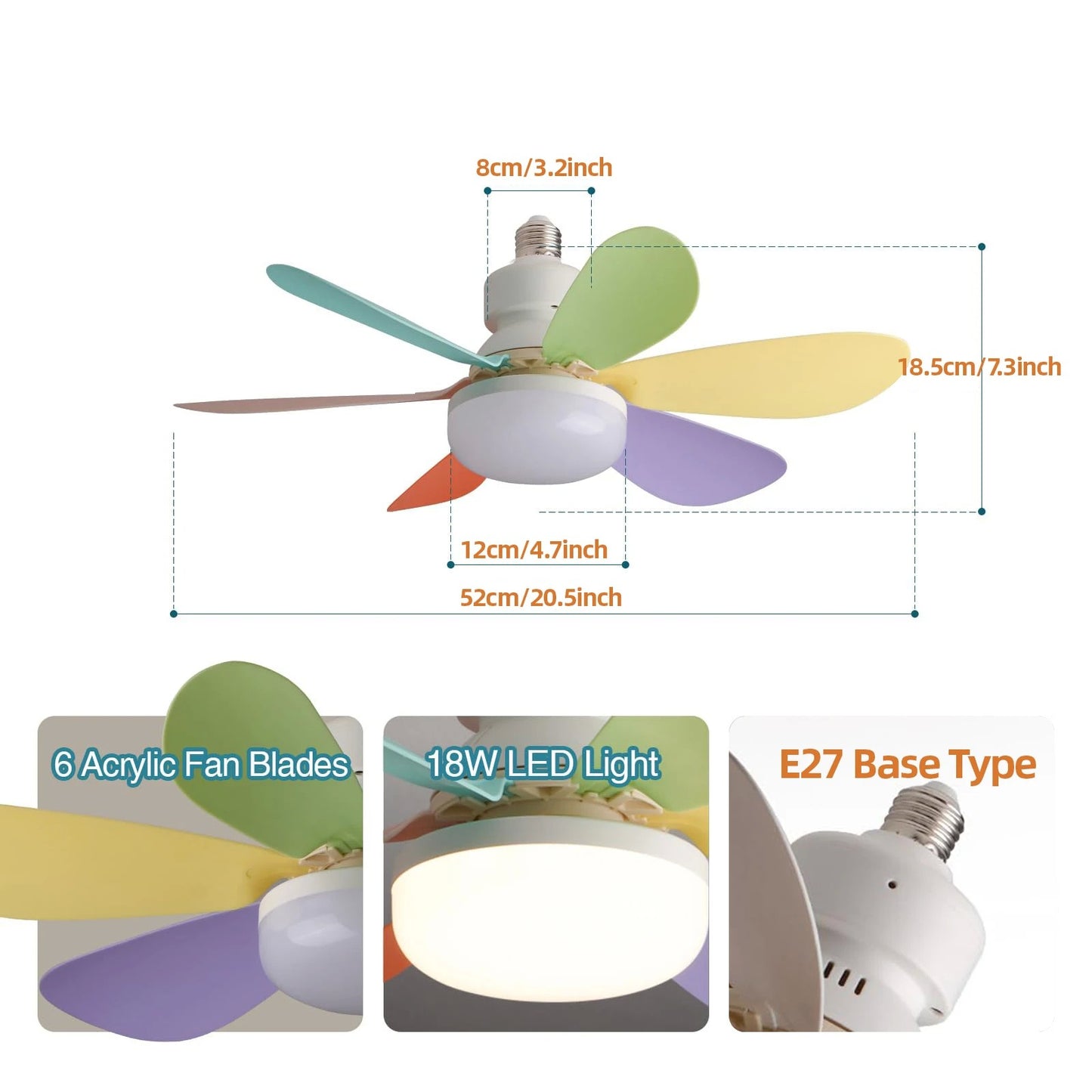 Ventilador de teto LED 40W E27 com controle remoto para escurecimento, adequado