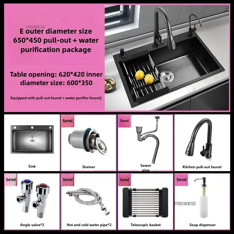 Pia de cozinha de aço inoxidável 304 espessada, grande capacidade, tigela úni