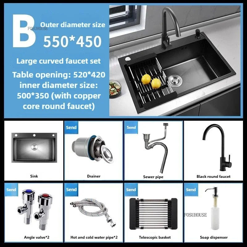 Pia de cozinha de aço inoxidável 304 espessada, grande capacidade, tigela úni