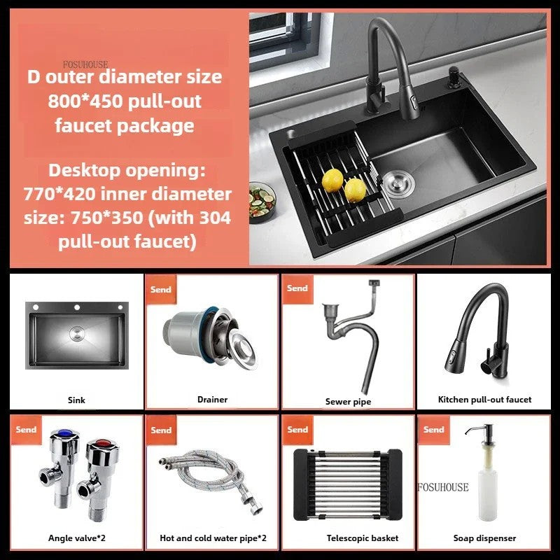 Pia de cozinha de aço inoxidável 304 espessada, grande capacidade, tigela úni