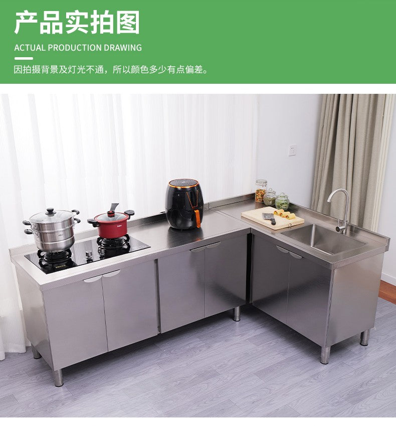 Armário de pia de aço inoxidável integrado de cozinha, armário, fogão, mesa