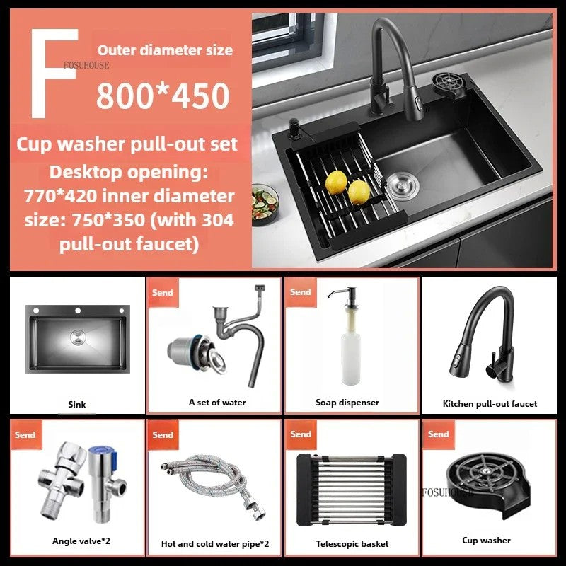 Pia de cozinha de aço inoxidável 304 espessada, grande capacidade, tigela úni