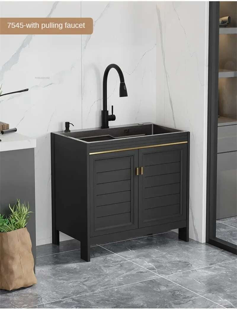 Pia de cozinha grande de aço inoxidável, armário integrado, pia de lavagem de