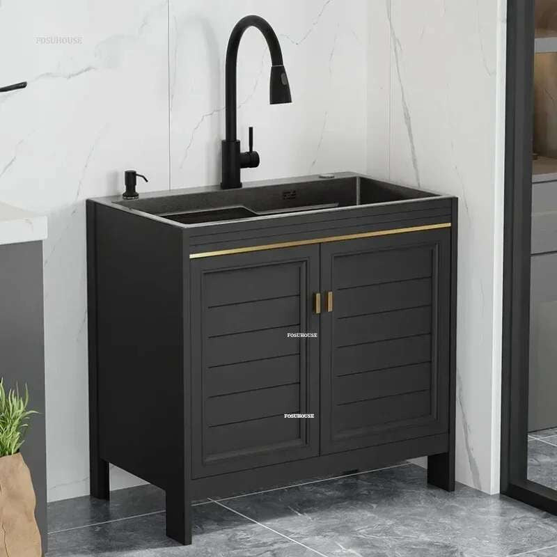 Pia de cozinha grande de aço inoxidável, armário integrado, pia de lavagem de