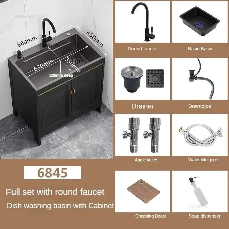 Pia de cozinha grande de aço inoxidável, armário integrado, pia de lavagem de