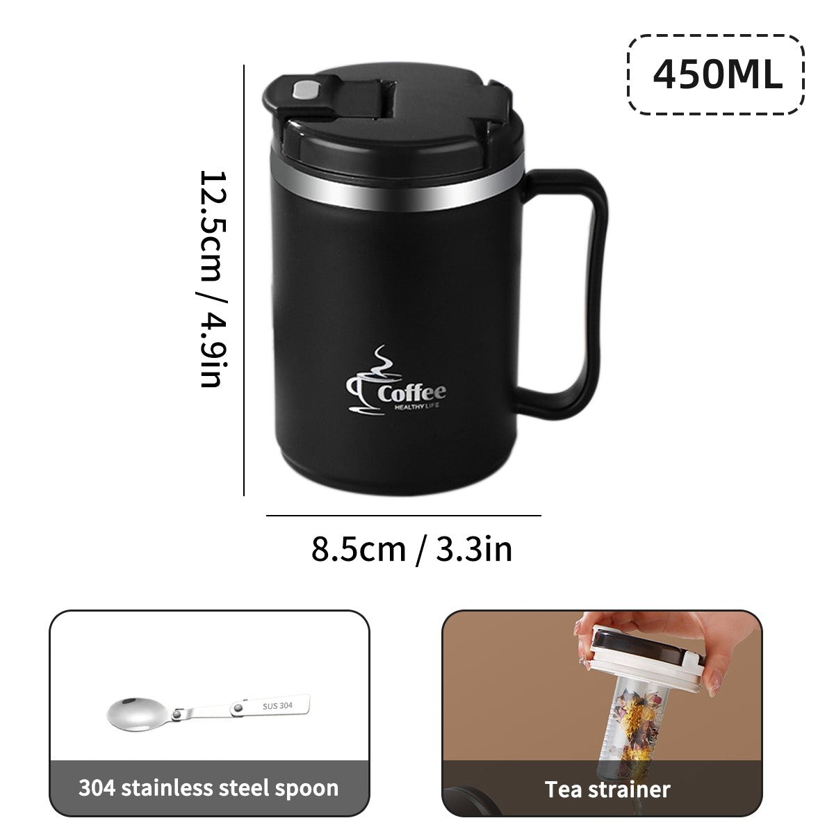 WORTHBUY Copo de café térmico de parede duplo com filtro e colher 304 copo de