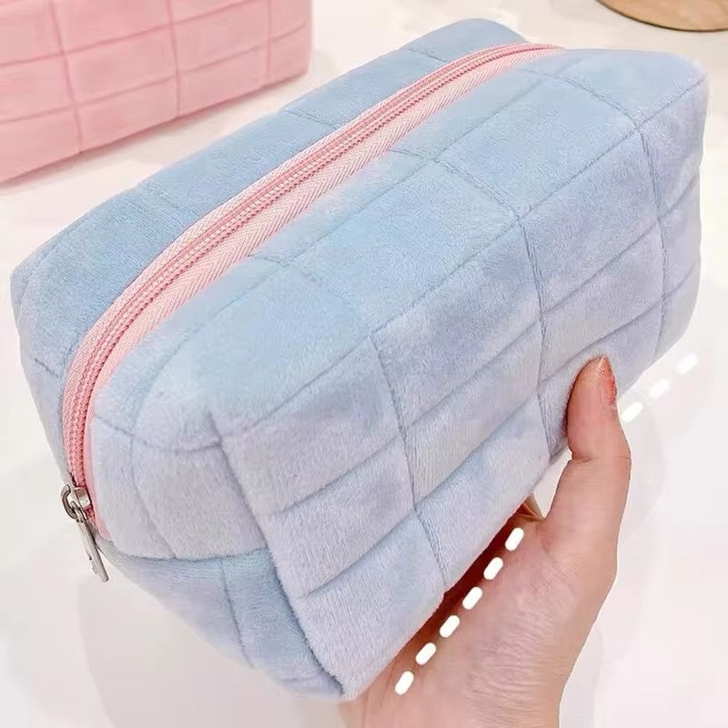 Bolsa de armazenamento de cosméticos de pele sólida, grande, feminina, zíper,
