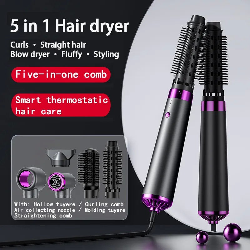 Secador de cabelo multifuncional 5 em 1, pente de ar quente, haste de ondulação automática, pente de cabelo reto, ferramenta estilo salão de beleza, secagem rápida