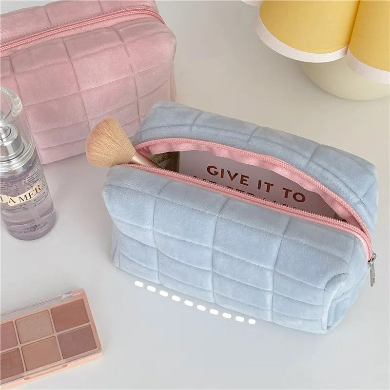 Bolsa de armazenamento de cosméticos de pele sólida, grande, feminina, zíper,