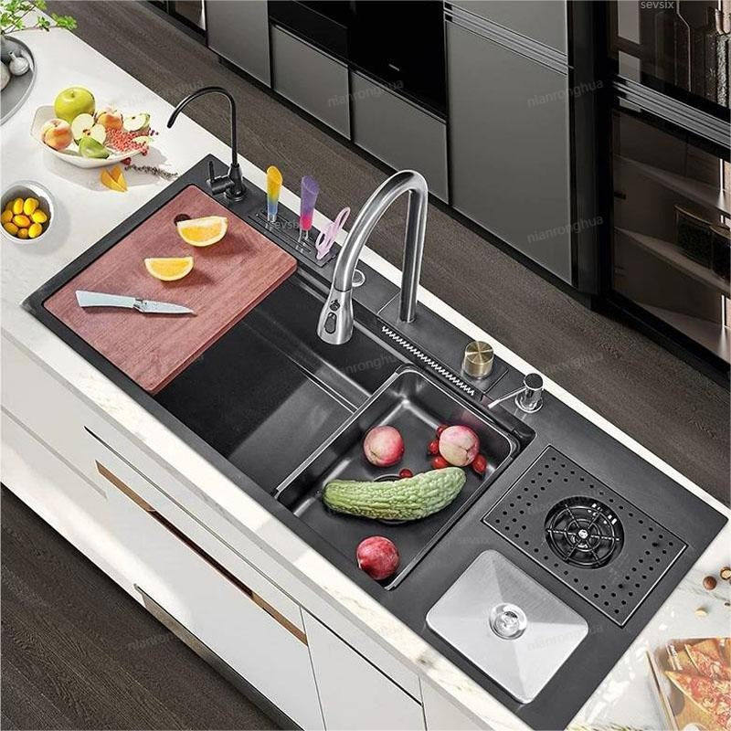 Pia Topmount de aço inoxidável com torneira, Slot único grande, Lata de lixo,