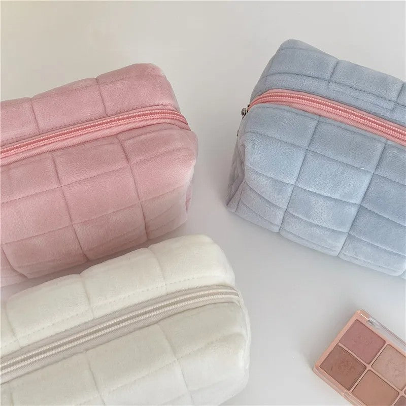 Bolsa de armazenamento de cosméticos de pele sólida, grande, feminina, zíper,