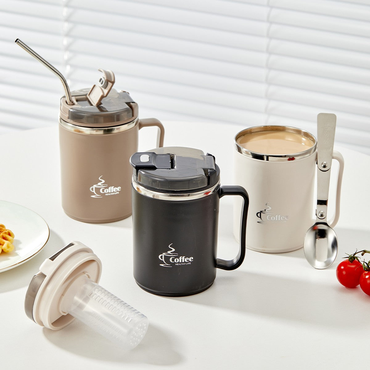 WORTHBUY Copo de café térmico de parede duplo com filtro e colher 304 copo de